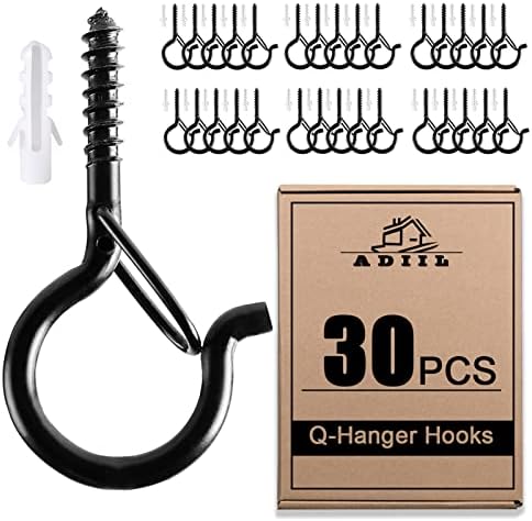 ADIIL 30 PCS Q Hanger Hooks with Safety Buckle, Windproof Screw Hooks for Hanging Outdoor String Lights, Plants, Christmas Patio Lights, 2.2 Inches, Black