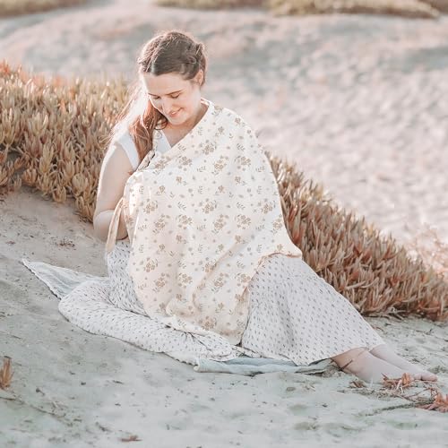 Konssy Muslin Nursing Cover for Baby Breastfeeding, Breathable 100% Cotton Breastfeeding Cover with Rigid Hoop for Mother Nursing Apron, Multi-use Carseat Canopy (Blossom)