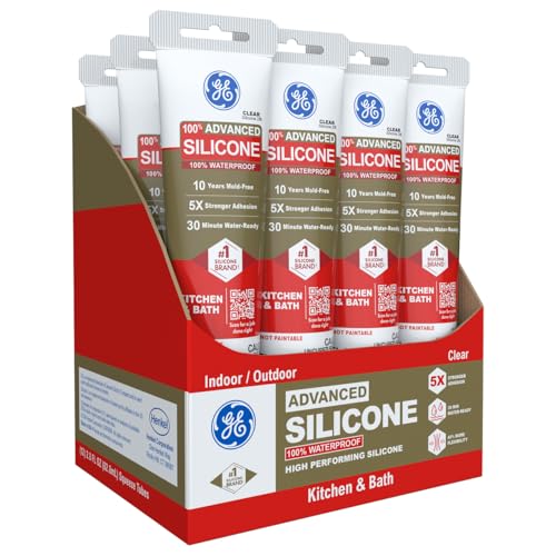 GE Advanced Silicone Caulk for Kitchen & Bathroom, Clear, 2.8 fl oz Tube, 12 Pack - 100% Waterproof Silicone Sealant, 5X Stronger Adhesion, Shrink & Crack Proof