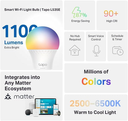 TP-Link Tapo Smart Light Bulbs, 1100 Lumens High Brightness (75W Equivalent), Matter-Certified, 16M Colors WiFi Light Bulb, Dimmable, Works w/Siri, Alexa & Google Home, A19 E26, Tapo L535E(2-Pack)