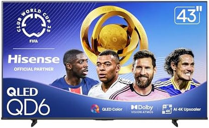 Hisense 43" Class QD6 Series (43QD6QF, 2025 Model) QLED 4K UHD Smart Fire TV, Voice Remote with Alexa, Dolby Vision, Dolby Atmos, Motion Rate 120, HDR 10+, Game Mode Plus, MEMC, VRR, ALLM