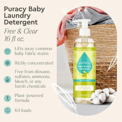 Puracy Liquid Baby Laundry Detergent - 1,4 Dioxane Free, Natural, Scent-Free Gentle Laundry Detergent Liquid Concentrate Laundry Pouch with Stain Fighting Enzymes (Baby- Free & Clear, 16oz)
