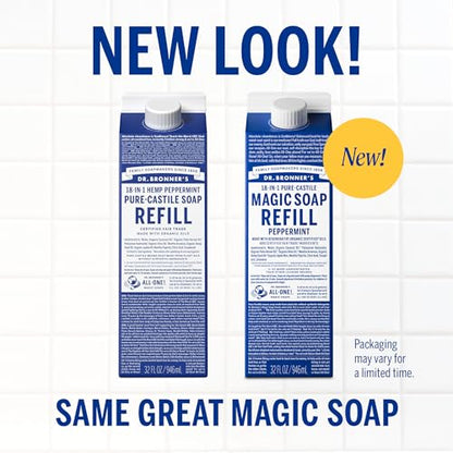 Dr. Bronner's Pure-Castile Liquid Magic Soap Bottle & Refill Carton - Made with Regenerative Organic Certified Oils- 18-in-1 Uses for Face, Body Wash, Hand Soap Refill- Peppermint, 32oz