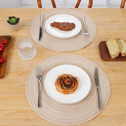 SHACOS 15 inch Round Braided Placemats Set of 6 Non Slip Heat Resistant Cotton Polyester Table Mats Washable Place Mats for Dinner Party Table Decoration (Beige, 6)