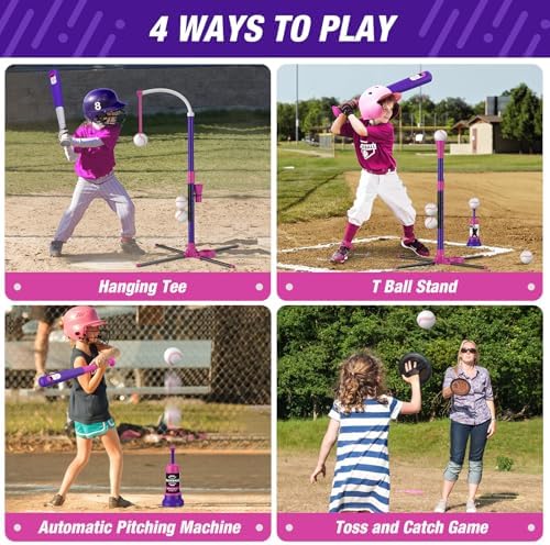 4 in 1 T Ball Sets for Kids 3-5 with Toss and Catch Ball Set, Hanging Tee Stand with Auto Pitching Machine/ 2 Bats, Indoor Outdoor Toys Baseball Gifts for Toddler Boys Girls, Purple