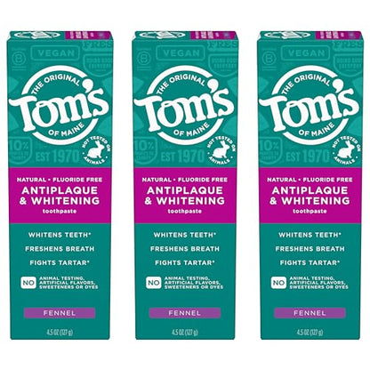 Tom's of Maine Antiplaque and Whitening Toothpaste, Fluoride Free, Fennel, 3 Pack, 4.5 Oz