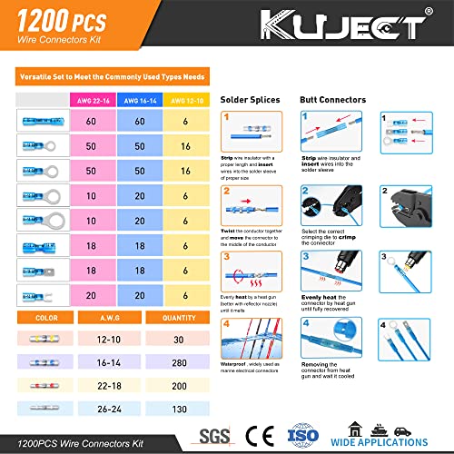 Kuject 1200PCS Heat Shrink Wire Connectors, Multipurpose Waterproof Electrical Wire Terminals kit, Insulated Crimp Ring Fork Spade Terminal Solder Butt Splice Connectors for Marine Boat Truck
