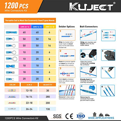 Kuject 1200PCS Heat Shrink Wire Connectors, Multipurpose Waterproof Electrical Wire Terminals kit, Insulated Crimp Ring Fork Spade Terminal Solder Butt Splice Connectors for Marine Boat Truck