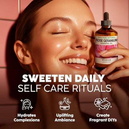 Kukka Rose Geranium Essential Oil for Skin - 4 Fl Oz - 100% Pure Natural Geranium Oil for Diffuser & Aromatherapy - Soap Making Scent & DIY