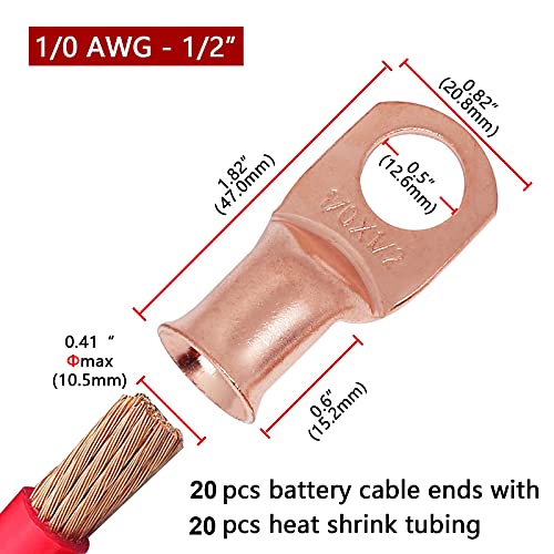 TKDMR 20pcs 1/0 AWG-1/2 Battery Lugs,Heavy Duty Wire Lugs,Ring Terminals,Battery Cable Ends,0 Guage terminals,Battery Terminal Connectors with 20pcs 3:1 Heat Shrink Tubing