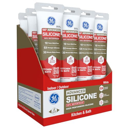 GE Advanced Silicone Caulk for Kitchen & Bathroom, White, 2.8 fl oz Tube, 12 Pack - 100% Waterproof Silicone Sealant, 5X Stronger Adhesion, Shrink & Crack Proof