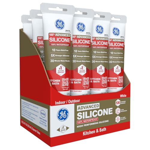 GE Advanced Silicone Caulk for Kitchen & Bathroom, White, 2.8 fl oz Tube, 12 Pack - 100% Waterproof Silicone Sealant, 5X Stronger Adhesion, Shrink & Crack Proof