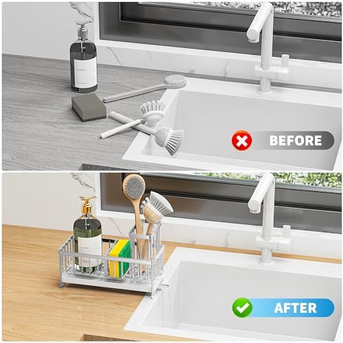 Cisily Silver Sponge Holder for Kitchen Sink, Sink Caddy Organizer with High Brush Holder, Kitchen Countertop Organizers and Storage Essentials, Rustproof 304 Stainless Steel, Soap Dispenser Organize