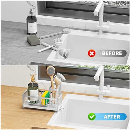 Cisily Silver Sponge Holder for Kitchen Sink, Sink Caddy Organizer with High Brush Holder, Kitchen Countertop Organizers and Storage Essentials, Rustproof 304 Stainless Steel, Soap Dispenser Organize