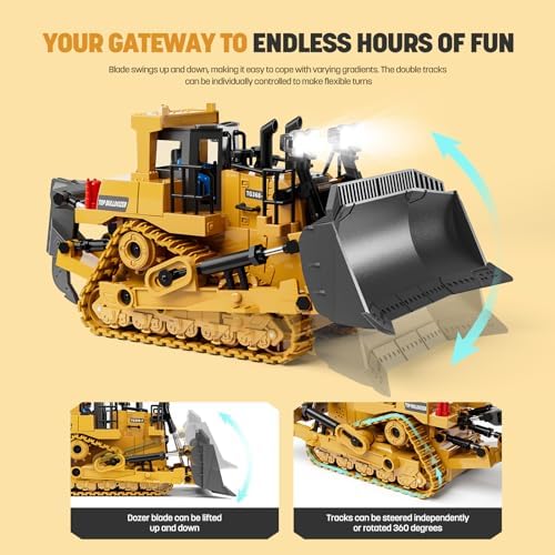 9-Channel Metal RC Bulldozer - Realistic Remote Control Kids Construction Play Toys with Lights and Sound, Track Type Tractor Toys for 3+ Boys, Perfect 2025 Kids Birthday Gift for Ages 3-12+