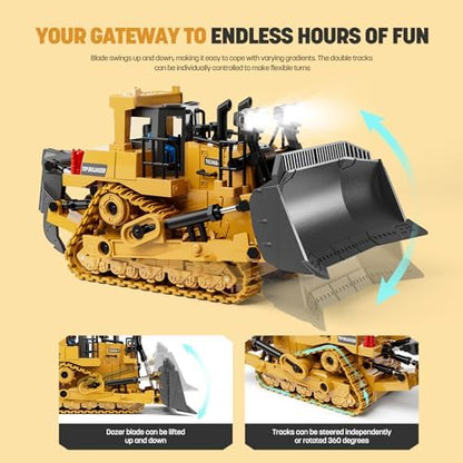 9-Channel Metal RC Bulldozer - Realistic Remote Control Kids Construction Play Toys with Lights and Sound, Track Type Tractor Toys for 3+ Boys, Perfect 2025 Kids Birthday Gift for Ages 3-12+