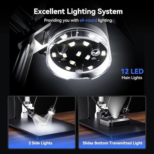 TOMLOV TriL110 3-Lens Digital Microscope: 10.1" 2500X 2K HDMI Coin Microscope Magnifier for Whole Coins with IPS Screen, LCD Soldering Microscopes for Adults, 14 LED Lights, PC/TV Compatible, 64GB