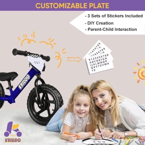 KRIDDO Toddler Balance Bike 2 Year Old, Age 18 Months to 5 Years Old, 12 Inch Push Bicycle with Customize Plate (3 Sets of Stickers Included), Steady Balancing, Gift Bike for 2-3 Boys Girls, Blue