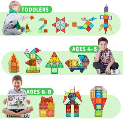 EchoPlan Magnetic Tiles, 130PCS Magnetic Blocks with 2 Cars, Magnet Tiles 3D Clear Building Blocks Set, STEM Sensory Educational Toys Gift for Toddlers Kids Boys 3 4 5 6 7 8 9+ Year Old