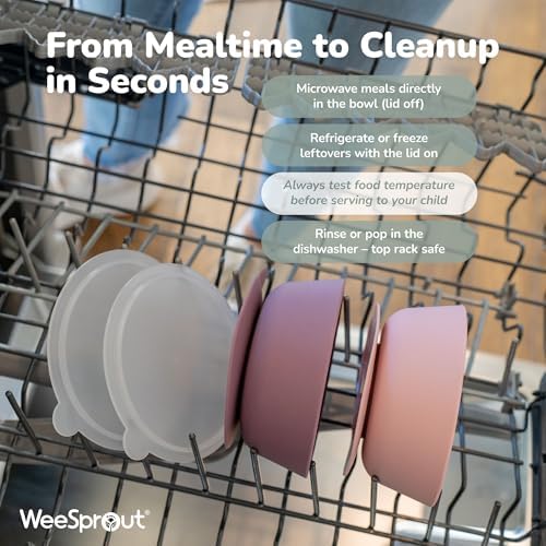 WeeSprout Suction Bowls for Baby & Toddlers (Set of 2) - 100% Silicone w/Plastic Lid - Leak Proof Feeding Supplies - Dishwasher & Microwave Safe Infant Dinnerware w/Extra Strong Base