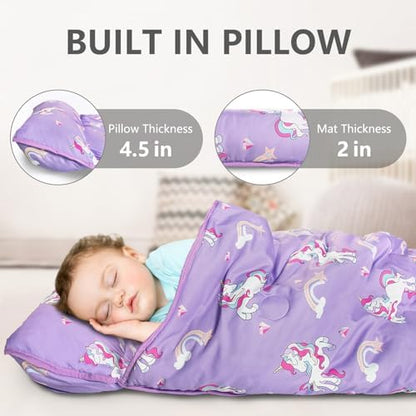 Primlect Thickened Toddler Nap Mat with Removable Pillow and Minky Blanket, Extra Large 55''x35'' Sleeping Bag, Washable, Roll up, Perfect for Daycare, Preschool, Kindergarten, Boys and Girls Unicorn