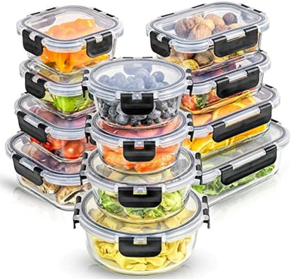 JoyJolt 24pc Borosilicate Glass Storage Containers with Lids | 12 Airtight/Freezer Safe Food Storage Containers for Pantry and Kitchen | Meal Prep Container for Lunch | Glass Tupperware Set