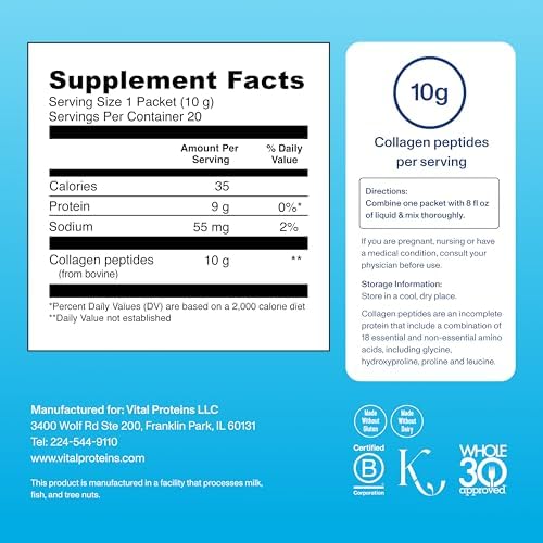 Vital Proteins Collagen Peptides Powder Supplement, Hydrolyzed Collagen Peptides Travel Pack, 20 Individual Packets