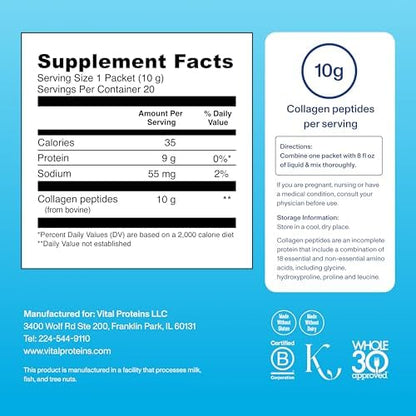 Vital Proteins Collagen Peptides Powder Supplement, Hydrolyzed Collagen Peptides Travel Pack, 20 Individual Packets