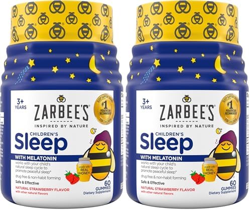 Zarbee's Children's Sleep Gummies with Melatonin, Non-Habit Forming Children's Sleep Gummies Work with Natural Sleep Cycles to Promote Peaceful Sleep, Drug-Free, Natural Strawberry, 60 ct (Pack of 2)