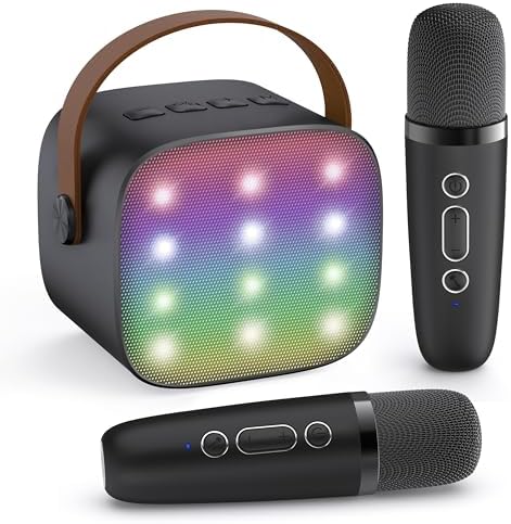 YLL Mini Karaoke Machine with 2 Wireless Microphones for Kids Adults, Portable Bluetooth Speaker, Popular Gift for 3, 4, 5, 6, 7, 8, 9, 10, 11, 12, 13+ Years Old Teens Birthday for Boys Home(Black)
