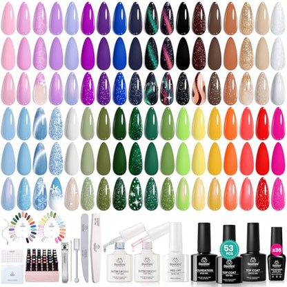 Beetles Gel Polish Kit 53pcs, 36 Colors Nail Kit Pink Purple Cat Eye Gel Polish Kit With 4pcs Base and Glossy Matte Glitter Top Coat Fall Halloween Travel Diary Manicure Gift for Women