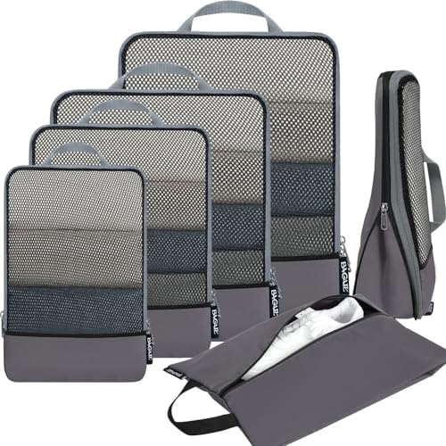 BAGAIL 4 Set/6 Set/8 Set Compression Packing Cubes Travel Accessories Expandable Packing Organizers (Half Mesh, 6-Dark Grey)