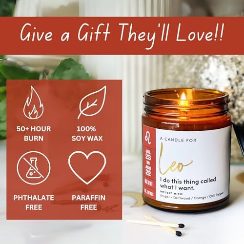 WAX & WIT Leo Zodiac Candle Astrology July August Birthday Gifts for Women, Leo Zodiac Gifts for Women 50 Hour Burn Time 9oz