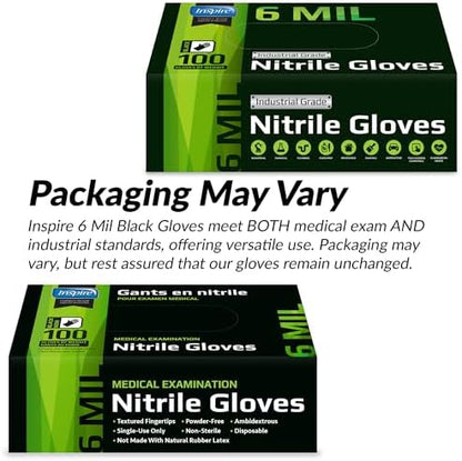 Inspire Black Nitrile Gloves HEAVY DUTY 6 Mil Nitrile Chemical Resistant Medical Cooking Cleaning Disposable Black Gloves
