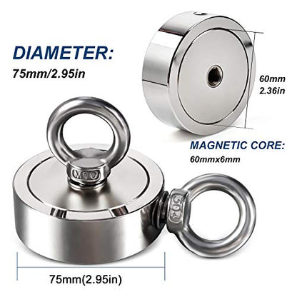 DIYMAG Strong Double Side Neodymium Fishing Magnets,1300 lbs(590KG) Pulling Force Rare Earth Magnet with 20m (65 Foot) Durable Rope and Protective Gloves,for Retrieving in River and Fishing