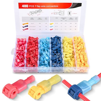 Nilight 480PCS/80 Pairs T-Tap Wire Connectors Self-Stripping Quick Splice Electrical Wire Terminals Insulated Male Quick Disconnect Spade Terminals Assortment Kit with Storage Case, 2 Years Warranty
