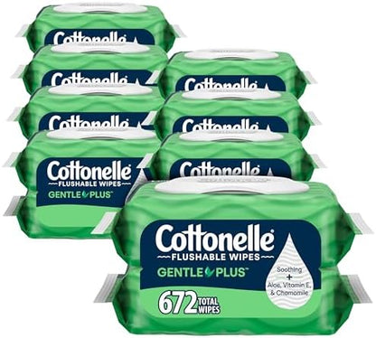 Cottonelle GentlePlus Flushable Wet Wipes with Aloe & Vitamin E, 16 Flip-Top Packs, 42 Wipes Per Pack (672 Total Wipes), Packaging May Vary