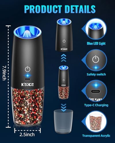 Rechargeable Electric Pepper and Salt Grinder Set, No Battery Needed, whit Gravity Sensing Switch and LED Light, One Hand Automatic Operation, Black 2 Pack