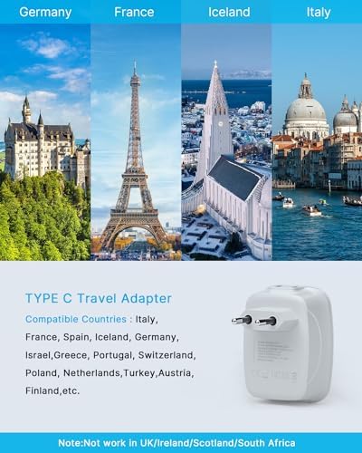 2 Pack European Travel Plug Adapter, VINTAR International Power Plug Adapter with 1 USB C, 2 American Outlets and 3 USB Ports, 6 in 1 Travel Essentials to Most of Europe Greece, Italy(Type C)