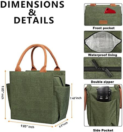 Joymee Lunch Bag Women Insulated Lunch Box Reusable Leakproof Large Spacious Cooler Tote for Womens Mens Adults with Bottle Holder and Side Pockets for Work Office Travel Picnic - Green