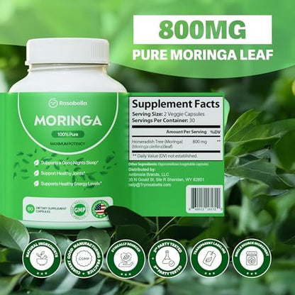 Rosabella Moringa Capsules - Pure Moringa Powder, Energy, Skin, Immune & Gut Health Superfood, Rich in Antioxidants, Essential Vitamins & Amino Acids, Natural Green Superfood Supplement - 180 Count