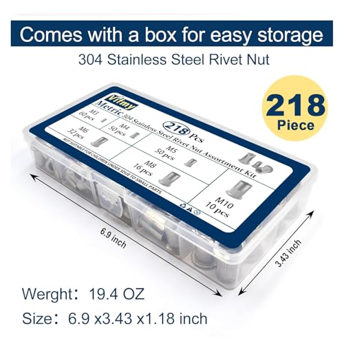 Metric 304 Stainless Steel Rivet Nut Assortment Kit(218 Pcs),M3 M4 M5 M6 M8 M10 Flat Head Rivnut Set,Rivnut Threaded Insert Nut