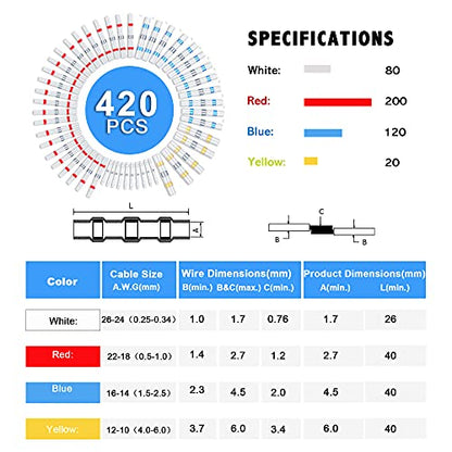 Kuject 420PCS Solder Seal Wire Connectors, Self-Solder Heat Shrink Butt Connector Solder Sleeve Waterproof Insulated Electrical Butt Splice Wire Terminals for Marine Automotive Boat Truck Wire Joint