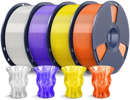 SUNLU 4kg PLA 3D Printer Filament Bundle, Neatly Wound PLA Filament 1.75mm ±0.02mm, Individually Vacuum Packed, 4kg in Total, 1kg per Spool, 4 Pack, Transparent+Transparent (Orange, Yellow, Purple)