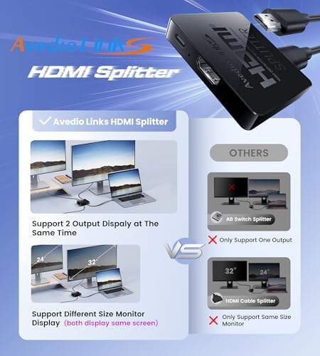 avedio links HDMI Splitter 1 in 2 Out [w/ 4 Ft Hdmi Cable]Not for Extended Display-Mirror Same Screen Only, 4K 1x2 HDMI Splitter 1 to 2 for 3D 1080P@60Hz, Copy 1 Source to 2 Displays at The Same Time