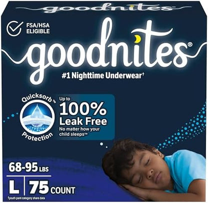 Goodnites Boys' Nighttime Bedwetting Underwear, Size Large (68-95 lbs), 75 Ct (3 Packs of 25), Packaging May Vary