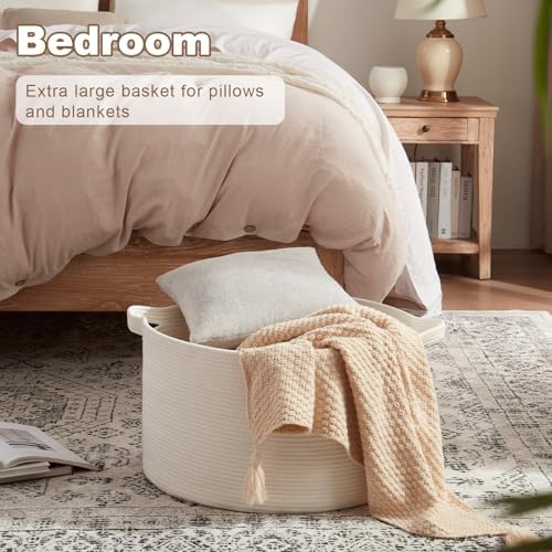 Large Woven Baskets for Storage, 22.8" x 22.8" x 13" Blanket Storage Living Room, Baby Toy Basket for Clothes, Pillows, Towels, Shoe Basket for Entryway (White)