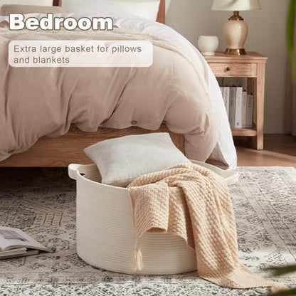 Large Woven Baskets for Storage, 22.8" x 22.8" x 13" Blanket Storage Living Room, Baby Toy Basket for Clothes, Pillows, Towels, Shoe Basket for Entryway (White)
