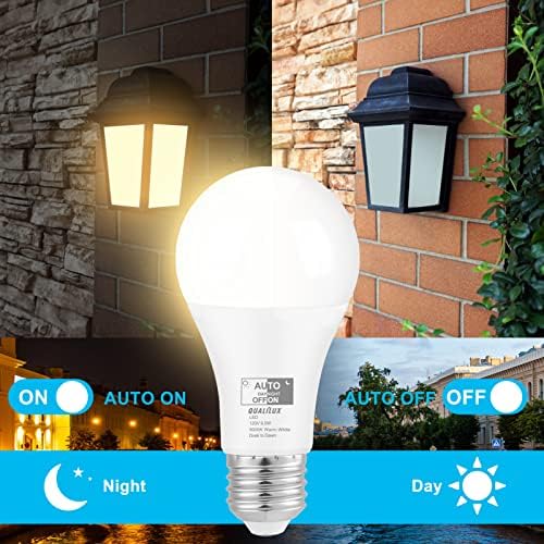 Dusk to Dawn LED Light Bulbs Outdoor, Automatic On/Off, 60W Equivalent, Warm White 3000K, Energy Efficient 9.5W, 850 Lumen, A19, E26 Base, 4-Pack, HQ-H009
