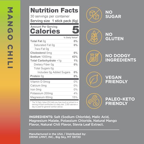 LMNT Zero Sugar Electrolytes - Mango Chili Salt | Drink Mix | 30 Count